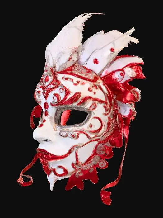 3D model for eine kinky Maske im Stil von Broadway oder Moulin Rouge, an der Oberfläche viele feine Muster in weis und rot