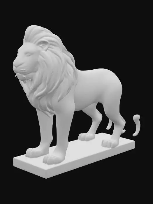 3D model for A minimalistic glossy ceramic sculpture of a lion, stylized body with soft edges, polished glaze in futuristic dark colours, reflective glossy finish, modern decorative aesthetic, cinematic render, dark gradient background., #PBR#
