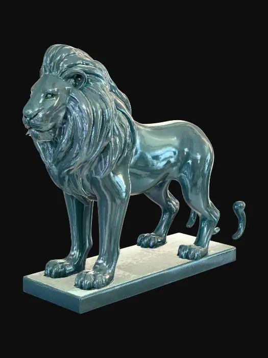 3D model for A minimalistic glossy ceramic sculpture of a lion, stylized body with soft edges, polished glaze in futuristic dark colours, reflective glossy finish, modern decorative aesthetic, cinematic render, dark gradient background., #PBR#
