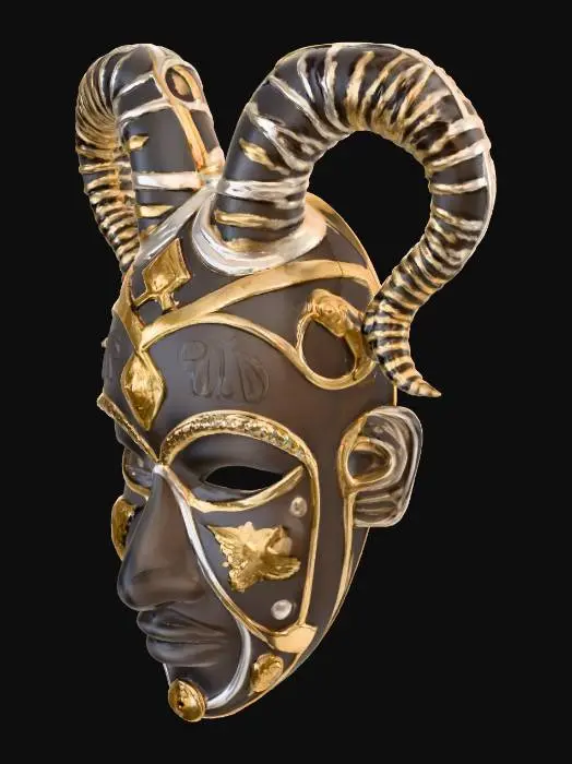 3D model for elegante afrikanische Gesichtsmaske mit Hörnern, verziert mit Gold und Silber, Gravuren von Tierzeichen, dezent eingefasste kleine Diamanten