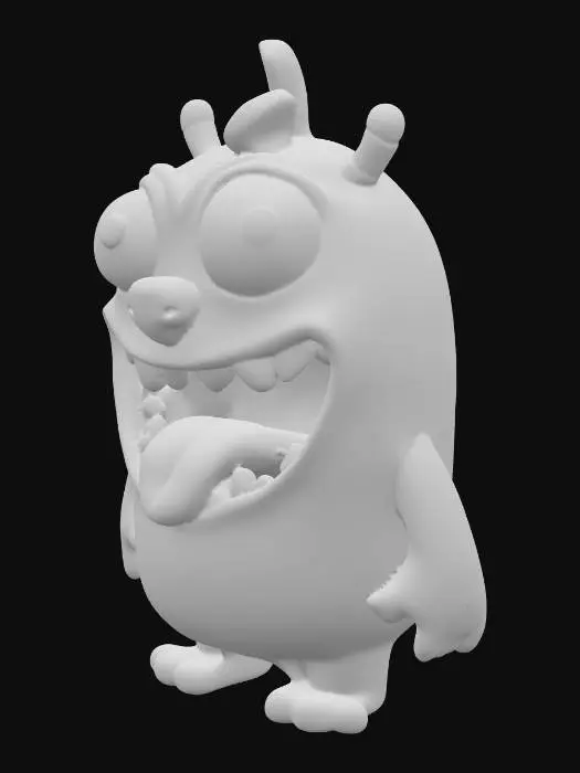 3D model for ein lustiges gelbes Monster mit schiefen Zähnen und ungleich großen Glubschaugen, mit offenem Mund und raushängender Zunge