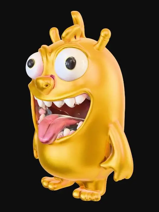 3D model for ein lustiges gelbes Monster mit schiefen Zähnen und ungleich großen Glubschaugen, mit offenem Mund und raushängender Zunge