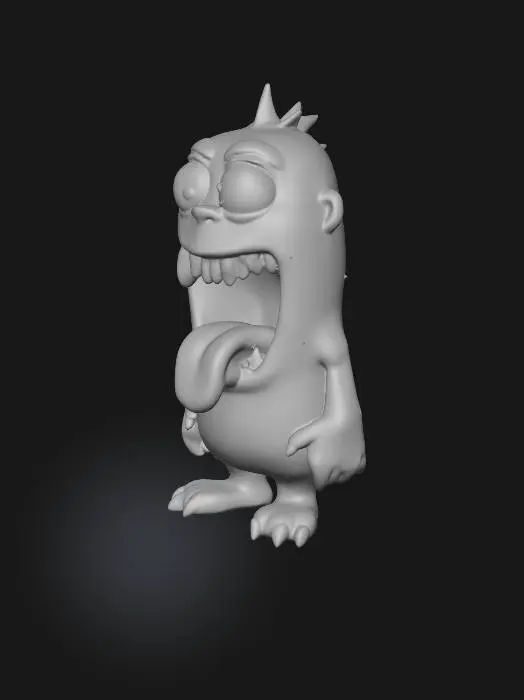 3D model for ein lustiges gelbes Monster mit schiefen Zähnen und ungleich großen Glubschaugen, mit offenem Mund und raushängender Zunge