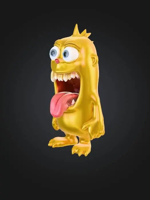3D model for ein lustiges gelbes Monster mit schiefen Zähnen und ungleich großen Glubschaugen, mit offenem Mund und raushängender Zunge