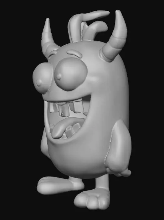 3D model for ein lustiges gelbes Monster mit schiefen Zähnen und ungleich großen Glubschaugen, mit offenem Mund und raushängender Zunge