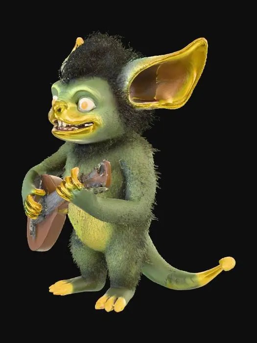 3D model for Ein freundliches Monster mit einer skulpturalen, organischen Form und zwei unterschiedlich geneigten Ohren, die eine verspielte Asymmetrie erzeugen. Seine Haut hat eine raue, leicht genarbte Textur in einem dunklen Moosgrün. Schwarze, filzige Haare bilden eine kompakte Masse auf seinem Kopf. Die kräftigen Fingernägel und die kurzen, breiten Zähne sind in einem stumpfen Ockergelb gefärbt. Eine dicke, rote Zunge ist sichtbar. Eine Balalaika mit einem robusten Korpus aus dunklem Holz und Metallakzenten ist fest im Griff.