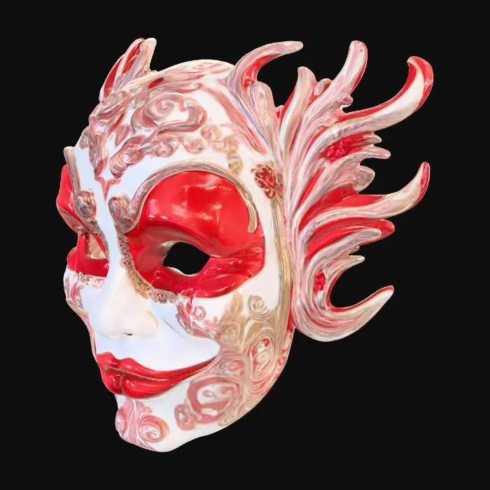 3D model for eine kinky Maske im Stil von Broadway oder Moulin Rouge, an der Oberfläche viele feine Muster in weis und rot