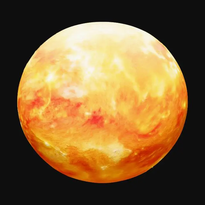 3D model for der Planet Sonne mit leichten Eruptionen, Farben von weis über gelb hin zu rot und braun, Standmodell
