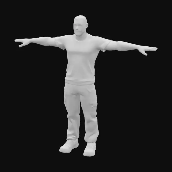3D model for A realistic muscular male human character in T-pose, designed as a base mesh for game animation. He is muscular, realistic proportions, and stands at real-world scale. He is wearing tight-fitting, low-profile clothing: a basic short-sleeve cotton T-shirt and simple work pants that conform closely to the body without bulky folds or exaggerated seams. Lightweight shoes are included — low-cut and minimal in thickness, integrated as part of the mesh. The character also has short, neatly styled hair (not bald, not long). Neutral cool expression, no facial hair. Optimized clean topology, UV-unwrapped, rigging-ready, and suitable for mobile game usage such as an idle mining simulator.