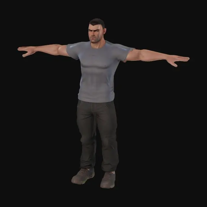 3D model for A realistic muscular male human character in T-pose, designed as a base mesh for game animation. He is muscular, realistic proportions, and stands at real-world scale. He is wearing tight-fitting, low-profile clothing: a basic short-sleeve cotton T-shirt and simple work pants that conform closely to the body without bulky folds or exaggerated seams. Lightweight shoes are included — low-cut and minimal in thickness, integrated as part of the mesh. The character also has short, neatly styled hair (not bald, not long). Neutral cool expression, no facial hair. Optimized clean topology, UV-unwrapped, rigging-ready, and suitable for mobile game usage such as an idle mining simulator.