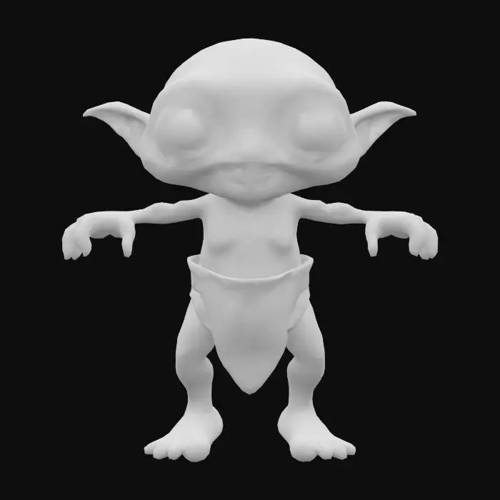3D model for Create a realistic 3D mesh of a goblin creature in a neutral T-pose, designed for use in a mobile game.
The goblin should be around half the height of an average human, with Gollum-like proportions: thin, wiry limbs, bony structure, and a slightly hunched posture.
It should have large, expressive eyes and mildly exaggerated facial features to give it a slightly cute appearance.
 the skin should appear rough, natural, and slightly wrinkled, as if adapted to cave environments.
The goblin should wear only a minimal, tattered loincloth.
Do not include any background, props, or weapons.
Generate only the standalone creature mesh in T-pose.