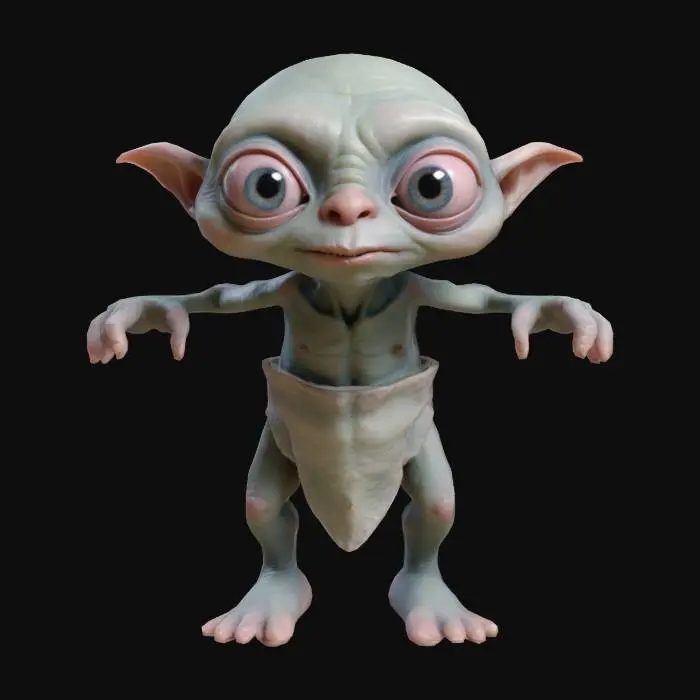 3D model for Create a realistic 3D mesh of a goblin creature in a neutral T-pose, designed for use in a mobile game.
The goblin should be around half the height of an average human, with Gollum-like proportions: thin, wiry limbs, bony structure, and a slightly hunched posture.
It should have large, expressive eyes and mildly exaggerated facial features to give it a slightly cute appearance.
 the skin should appear rough, natural, and slightly wrinkled, as if adapted to cave environments.
The goblin should wear only a minimal, tattered loincloth.
Do not include any background, props, or weapons.
Generate only the standalone creature mesh in T-pose.