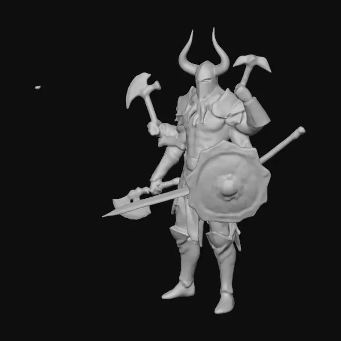 3D model for 6 armed warrior with sword in top left hand, ax in top right hand, shield extended forward in middle left hand, scimitar in middle right hand, medieval cutlass lower left hand, fantasy sword lower right hand, in offensive pose, wearing horned helmet with breast plate and leg armor