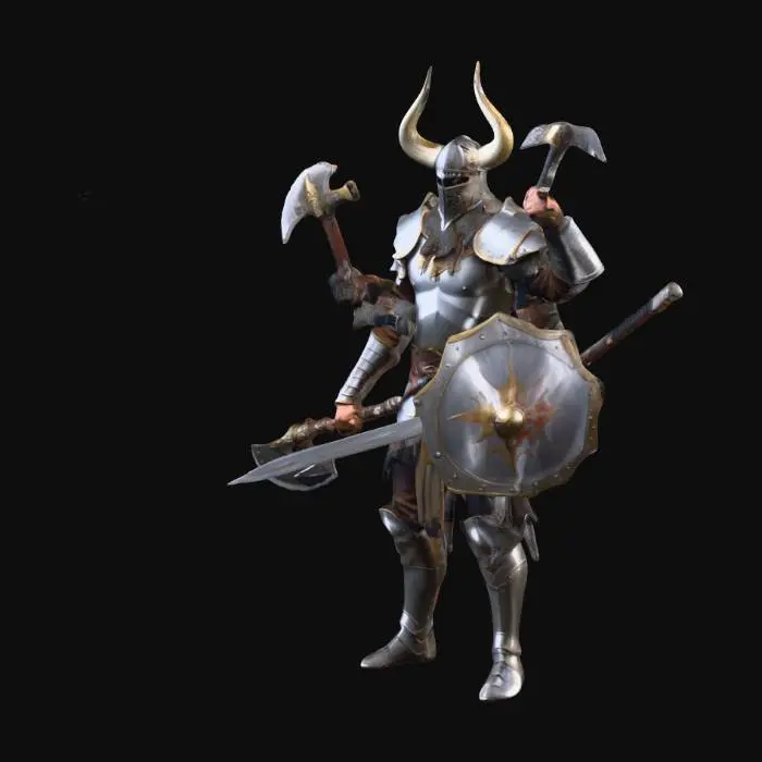 3D model for 6 armed warrior with sword in top left hand, ax in top right hand, shield extended forward in middle left hand, scimitar in middle right hand, medieval cutlass lower left hand, fantasy sword lower right hand, in offensive pose, wearing horned helmet with breast plate and leg armor