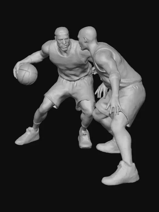 3D model for crea una scena con lebron james e michael jordan che si sfidano a basket su un campo di basket in unnghetto urbano.