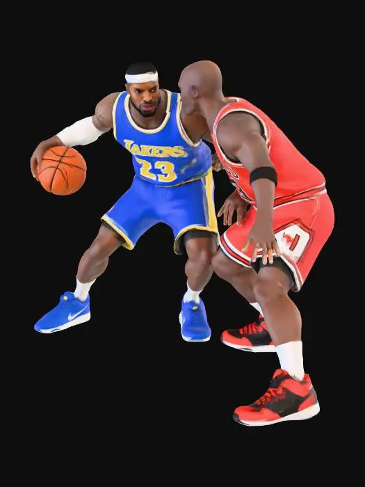 3D model for crea una scena con lebron james e michael jordan che si sfidano a basket su un campo di basket in unnghetto urbano.
