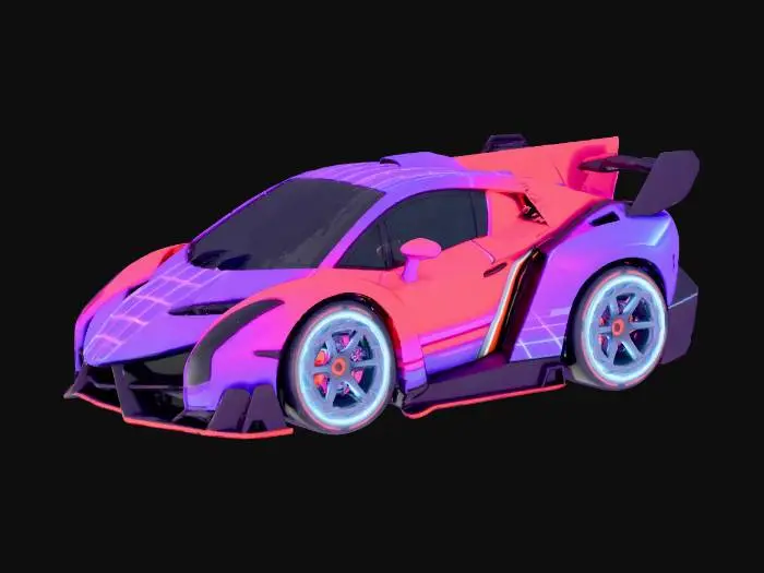 3D model for a vinyl toy of a chibi super car, no face or eyes on the car, make it snythwave themed