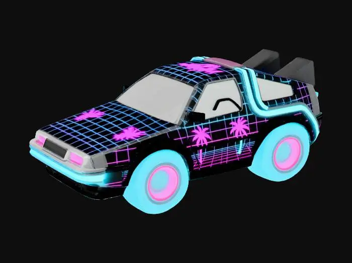 3D model for a vinyl toy of a chibi delorean car, no face or eyes on the car, make it snythwave themed