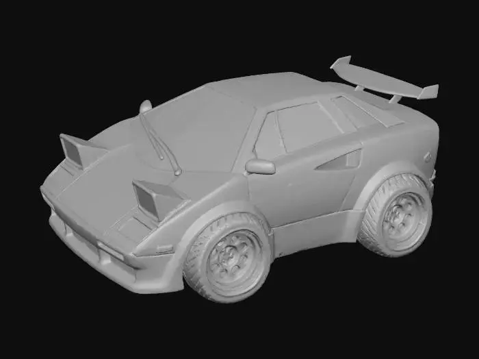 3D model for a vinyl toy of a chibi super car, no face or eyes on the car, make it snythwave themed