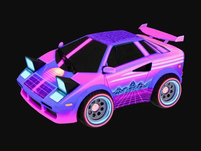 3D model for a vinyl toy of a chibi super car, no face or eyes on the car, make it snythwave themed