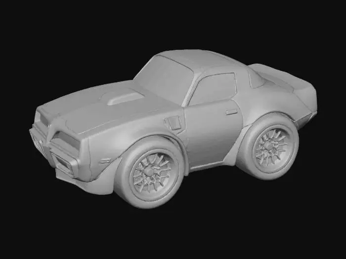 3D model for a vinyl toy of a chibi 1970 pontiac firebird car, no face or eyes on the car, make it synthwave themed