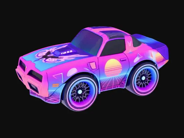 3D model for a vinyl toy of a chibi 1970 pontiac firebird car, no face or eyes on the car, make it synthwave themed