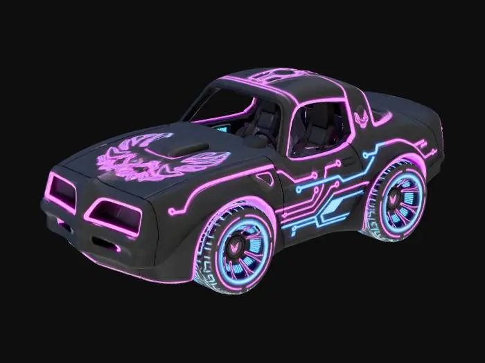 3D model for a vinyl toy of a chibi 1970 pontiac firebird car, no face or eyes on the car, make it cyberpunk themed