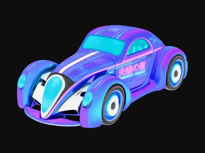 3D model for a vinyl toy of a chibi 1939 duesenberg coupe simone midnight ghost, no face or eyes on the car, make it cyberpunk themed