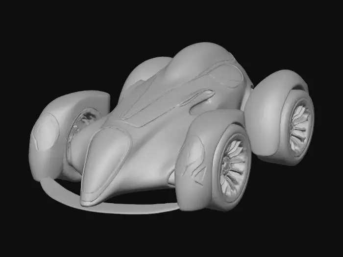3D model for a vinyl toy of a chibi luigi Colani concept car, no face or eyes on the car, make it synthwave themed