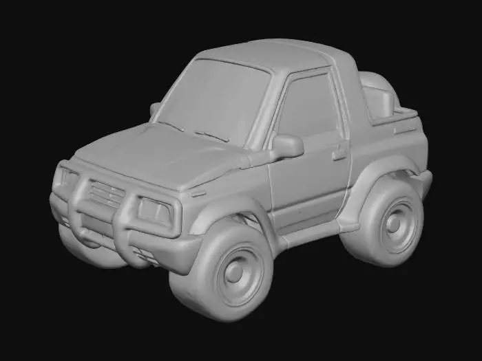 3D model for a vinyl toy of a chibi Suzuki Samurai car, no face or eyes on the car, make it synthwave themed