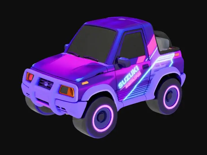 3D model for a vinyl toy of a chibi Suzuki Samurai car, no face or eyes on the car, make it synthwave themed
