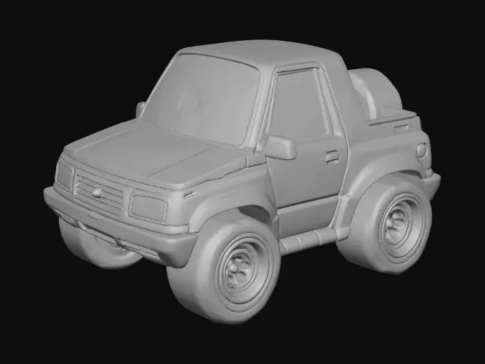 3D model for a vinyl toy of a chibi Suzuki Samurai car, no face or eyes on the car, make it synthwave themed