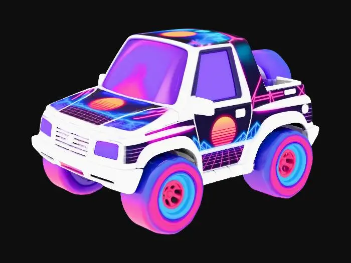 3D model for a vinyl toy of a chibi Suzuki Samurai car, no face or eyes on the car, make it synthwave themed