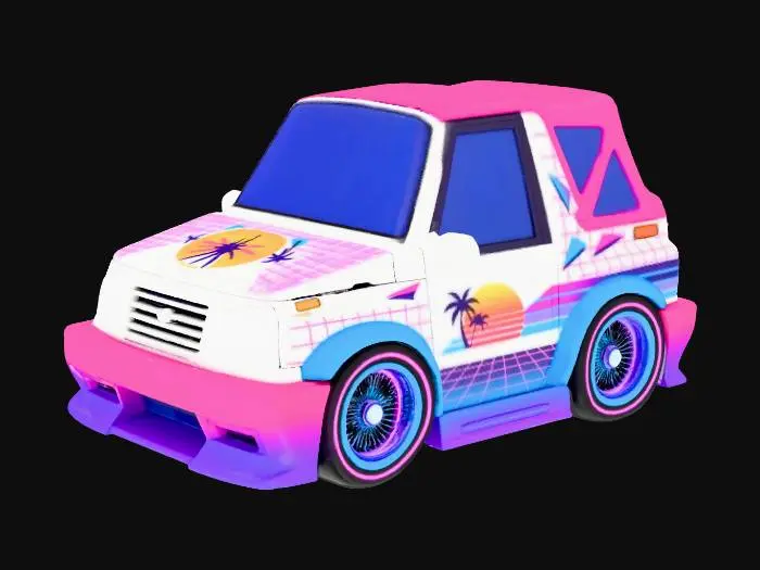 3D model for a vinyl toy of a chibi Suzuki Samurai, it has a low rider body kit, no face or eyes on the car, make it synthwave themed