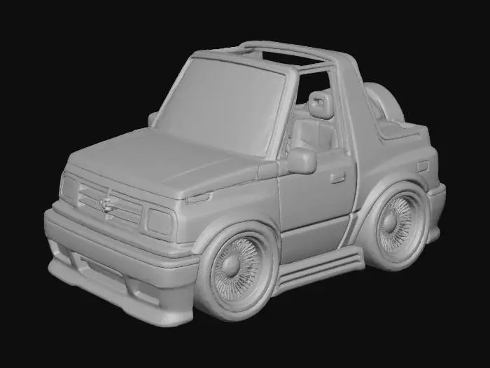 3D model for a vinyl toy of a chibi Suzuki Samurai, it has a low rider body kit, it has not soft top on the car,  no face or eyes on the car, make it synthwave themed