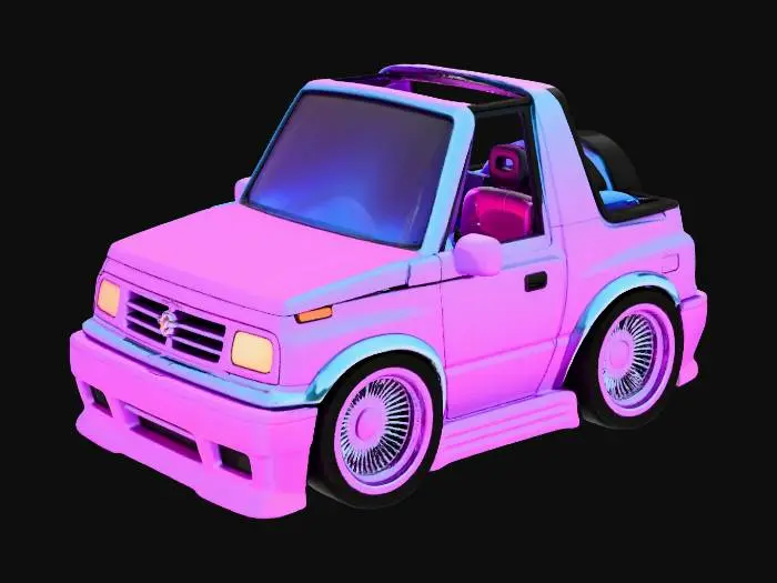 3D model for a vinyl toy of a chibi Suzuki Samurai, it has a low rider body kit, it has not soft top on the car,  no face or eyes on the car, make it synthwave themed