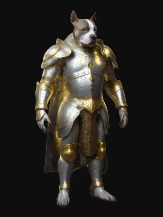 3D model for A anthropomorphic medieval Pitbull dog in glowing silver and gold armor NVIDIA rendering, electric special effects, 4K UHD, ultrarealistic