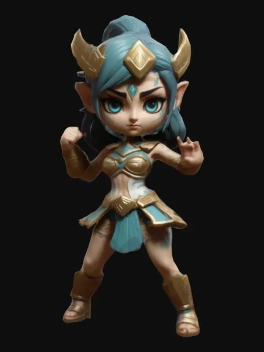 3D model for Artemis from the video game Smite. Chibi art style. Fighting stance. Menacing pose. Highly stylized. Ensure all walls and features are at least 2mm thick.  Include bold, recessed features with a depth of at least 2mm. Maintain sharp, clean lines. Embossed features to rise at least 2mm above the surface. Recess etched details at least 2mm deep for clarity. DND.