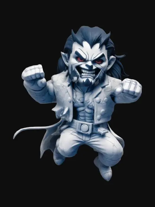 3D model for Lobo from DC Comimcs. Chibi art style. Fighting stance. Menacing pose. Highly stylized. Ensure all walls and features are at least 2mm thick. Include bold, recessed features with a depth of at least 2mm. Maintain sharp, clean lines. Embossed features to rise at least 2mm above the surface. Recess etched details at least 2mm deep for clarity. DND.