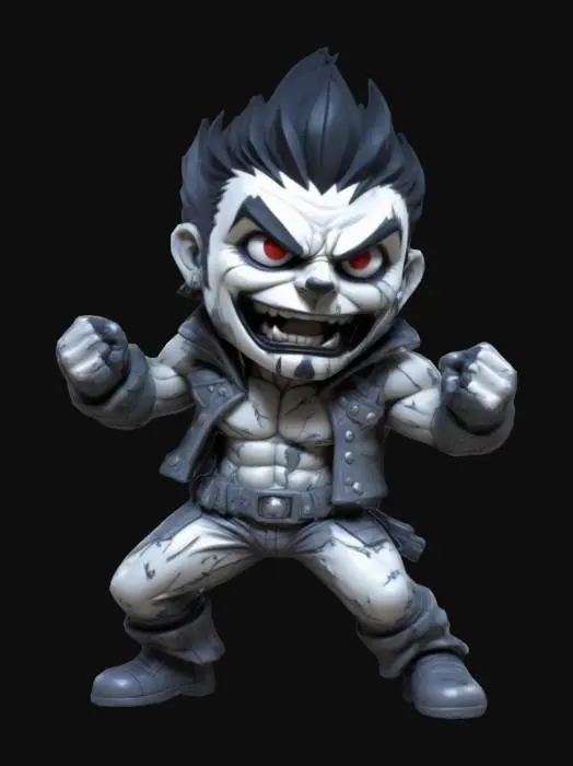 3D model for Lobo from DC Comimcs. Chibi art style. Menacing pose. Highly stylized. Ensure all walls and features are at least 2mm thick. Include bold, recessed features with a depth of at least 2mm. Maintain sharp, clean lines. Embossed features to rise at least 2mm above the surface. Recess etched details at least 2mm deep for clarity. DND.
