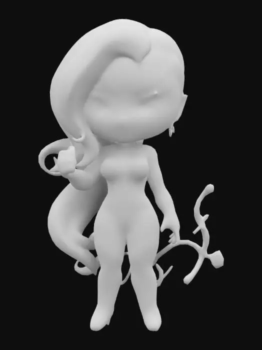 3D model for Poison Ivy from Injustice. Chibi art style. Menacing pose. Highly stylized. Ensure all walls and features are at least 2mm thick.  Include bold, recessed features with a depth of at least 2mm. Maintain sharp, clean lines. Embossed features to rise at least 2mm above the surface. Recess etched details at least 2mm deep for clarity. DND.