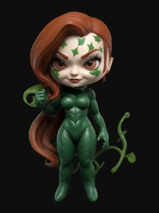 3D model for Poison Ivy from Injustice. Chibi art style. Menacing pose. Highly stylized. Ensure all walls and features are at least 2mm thick.  Include bold, recessed features with a depth of at least 2mm. Maintain sharp, clean lines. Embossed features to rise at least 2mm above the surface. Recess etched details at least 2mm deep for clarity. DND.