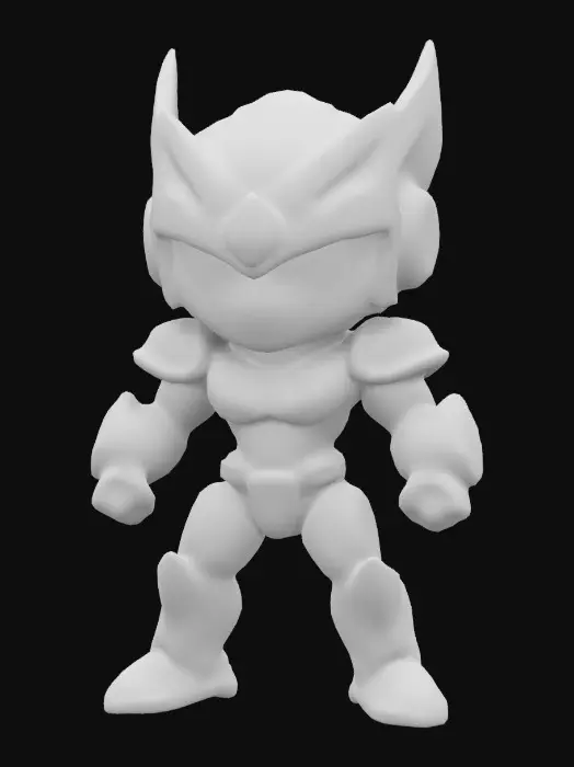 3D model for Guyver from the movie Guyver. Chibi art style. Fighting stance. Menacing pose. Highly stylized. Ensure all walls and features are at least 2mm thick.  Include bold, recessed features with a depth of at least 2mm. Maintain sharp, clean lines. Embossed features to rise at least 2mm above the surface. Recess etched details at least 2mm deep for clarity. DND.
