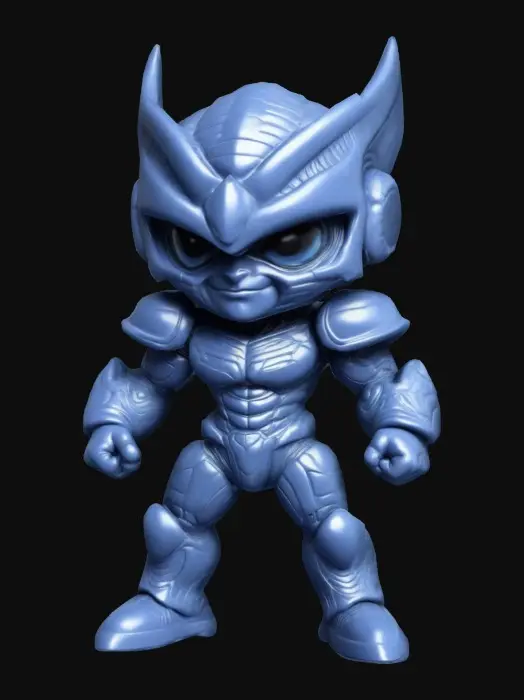 3D model for Guyver from the movie Guyver. Chibi art style. Fighting stance. Menacing pose. Highly stylized. Ensure all walls and features are at least 2mm thick.  Include bold, recessed features with a depth of at least 2mm. Maintain sharp, clean lines. Embossed features to rise at least 2mm above the surface. Recess etched details at least 2mm deep for clarity. DND.