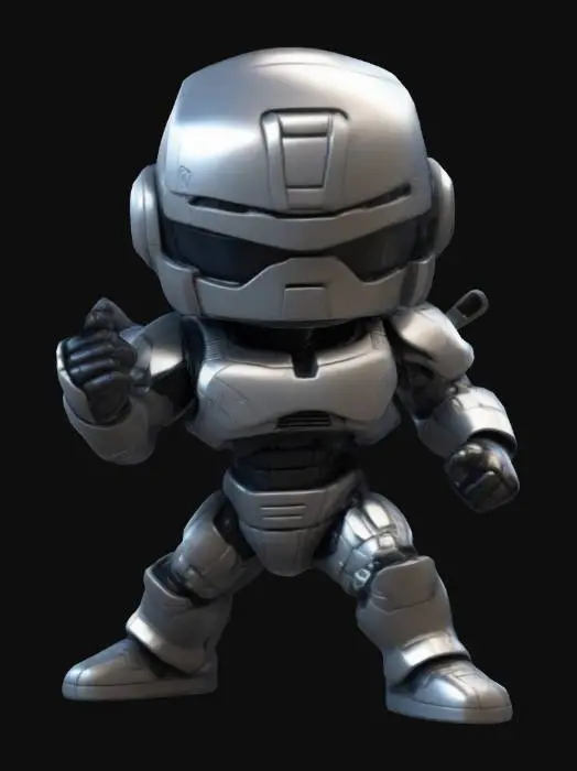 3D model for Robocop from the movie Robocop. Chibi art style. Fighting stance. Menacing pose. Highly stylized. Ensure all walls and features are at least 2mm thick.  Include bold, recessed features with a depth of at least 2mm. Maintain sharp, clean lines. Embossed features to rise at least 2mm above the surface. Recess etched details at least 2mm deep for clarity. DND.
