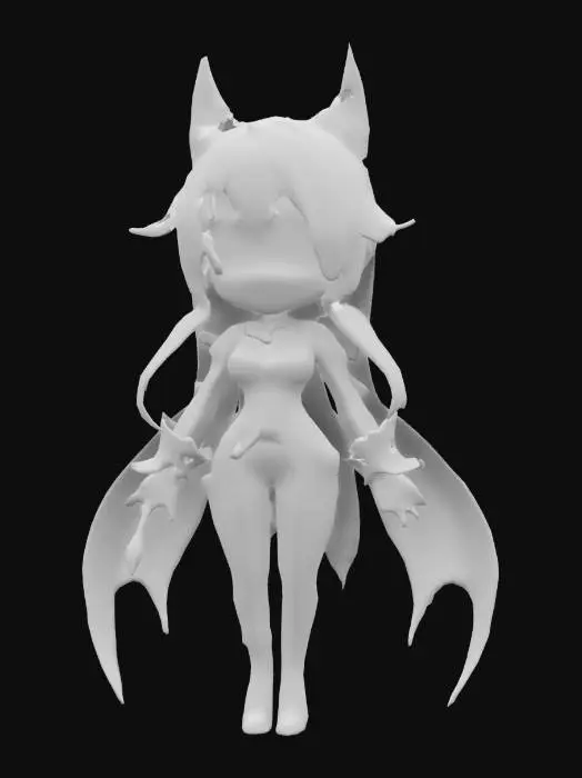 3D model for Bayonetta from the game Bayonetta. Chibi art style.  Menacing pose. Highly stylized. Ensure all walls and features are at least 2mm thick.  Include bold, recessed features with a depth of at least 2mm. Maintain sharp, clean lines. Embossed features to rise at least 2mm above the surface. Recess etched details at least 2mm deep for clarity. DND.