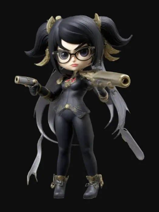 3D model for Bayonetta from the game Bayonetta. Chibi art style.  Menacing pose. Highly stylized. Ensure all walls and features are at least 2mm thick.  Include bold, recessed features with a depth of at least 2mm. Maintain sharp, clean lines. Embossed features to rise at least 2mm above the surface. Recess etched details at least 2mm deep for clarity. DND.
