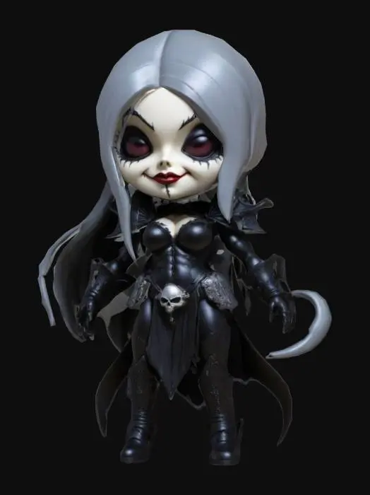 3D model for Brian Pulido's Lady Death from the comic book Lady Death . Chibi art style. Menacing pose. Highly stylized. Ensure all walls and features are at least 2mm thick.  Include bold, recessed features with a depth of at least 2mm. Maintain sharp, clean lines. Embossed features to rise at least 2mm above the surface. Recess etched details at least 2mm deep for clarity. DND.
