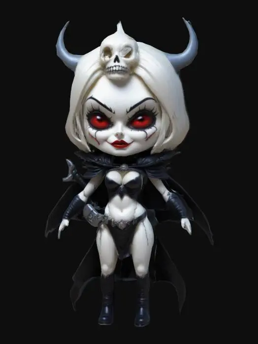 3D model for Brian Pulido's Lady Death from the comic book Lady Death . Chibi art style. Menacing pose. Highly stylized. Ensure all walls and features are at least 2mm thick.  Include bold, recessed features with a depth of at least 2mm. Maintain sharp, clean lines. Embossed features to rise at least 2mm above the surface. Recess etched details at least 2mm deep for clarity. DND.