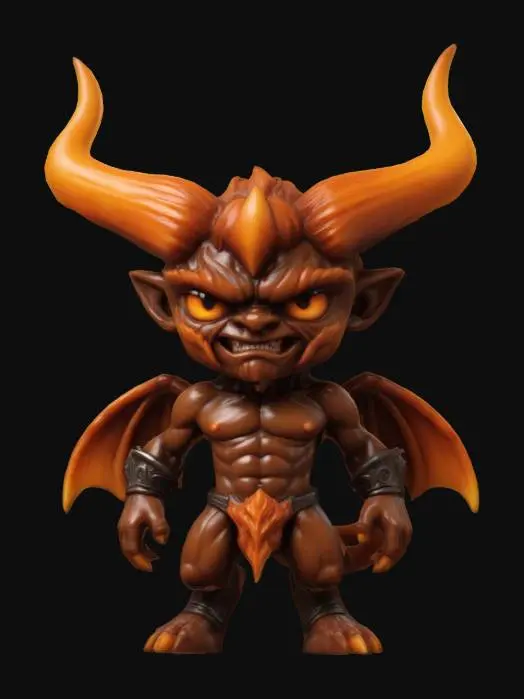3D model for Ifrit from the video game Final Fantasy. Chibi art style. Menacing pose. Highly stylized. Ensure all walls and features are at least 2mm thick.  Include bold, recessed features with a depth of at least 2mm. Maintain sharp, clean lines. Embossed features to rise at least 2mm above the surface. Recess etched details at least 2mm deep for clarity. DND.